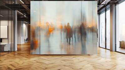 business, bokeh, abstract, background, blur, blurred, defocused, interior, hall, office.　blurred image of a large office space in the sun with business people going about their business. Generative Ai Wall mural